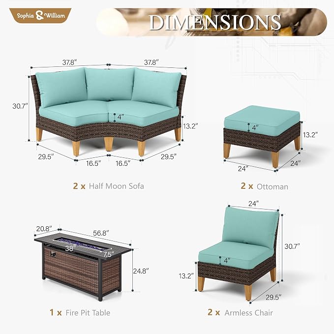 Sophia & William Patio Furniture Set with Fire Pit Table, 9 Piece Half Moon Outdoor Wicker Sectional Sofa Set, Rattan Conversation Set with 56-Inch Fire Pit Table for Backyard, Deck, Pool(Aqua Blue)