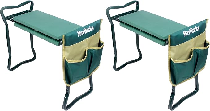 MaxWorks 50921 Folding Garden Kneeler Stool with 8 inch Wide Kneeling Pad, with 1 Tools Pouch for Planting and Gardening (Pack of 2)