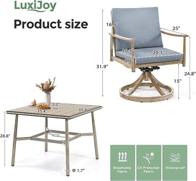 5-Piece Outdoor Dining Set for 4, Aluminum Patio Dining Set with Cushions, 4 Swivel Chairs with Rope Backrest, Square Table with Umbrella Hole, Patio Dining Set for Lawn Porch Backyard, Brown