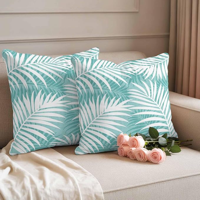 Vandarllin Outdoor Throw Pillows Covers 24x24 inch Set of 2 Waterproof Tropical Palm Leaves Decorative Zippered Cushion Covers for Patio Furniture, Aqua Summer Beach Leaf Lumbar Pillowcases