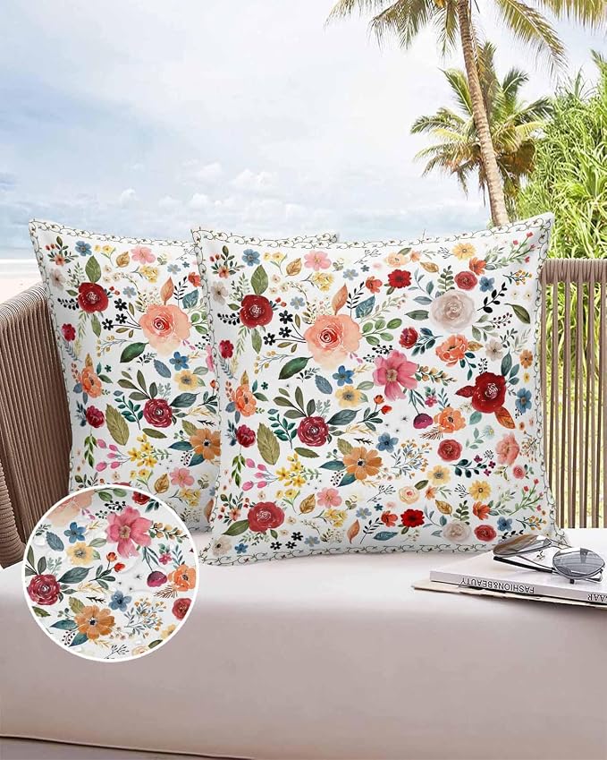 Vandarllin Outdoor Throw Pillows Covers 20x20 inch Set of 2 Waterproof Cream Floral Decorative Zippered Cushion Covers for Patio Furniture, Farmhouse Vintage Flower Lumbar Pillowcases
