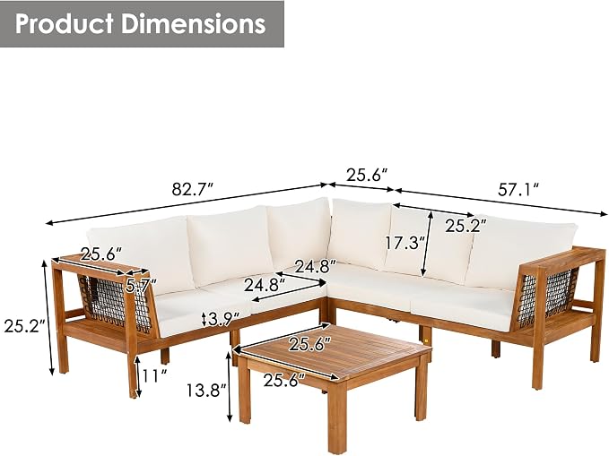 Merax 4 Pieces Patio Furniture Set, Outdoor L-Shaped Sectional Sofa Set with Coffee Table, Acacia Wood Conversation Seating & Thick Cushions and Side Table, for Backyard, Garden and Poolside, Beige