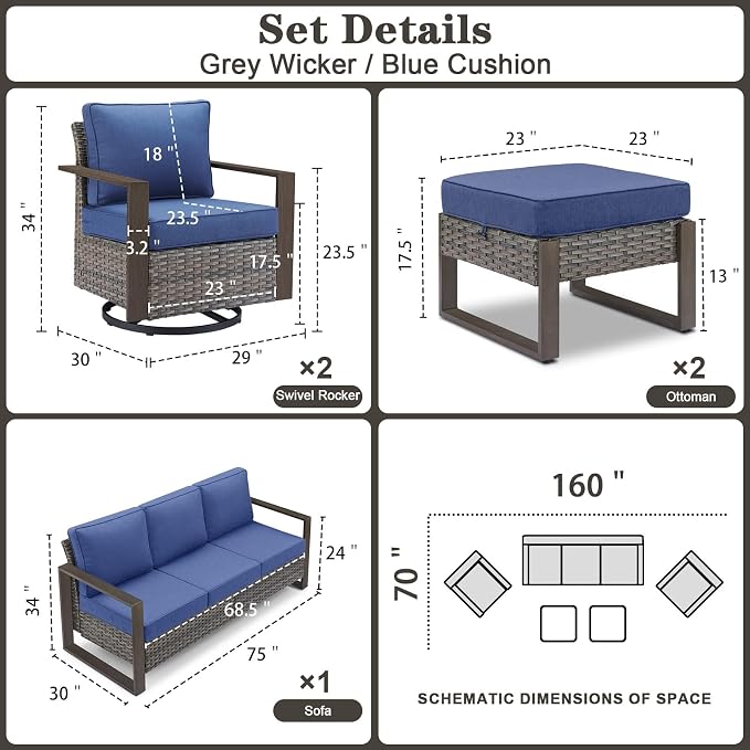 Belord 5 Piece Patio Furniture Set with Swivel Chairs, PE Wicker Patio Sofa Set Outdoor Swivel Rocker Patio Chairs with Anti-Rust Metal Wide Armrests for Deck Backyard Sunroom