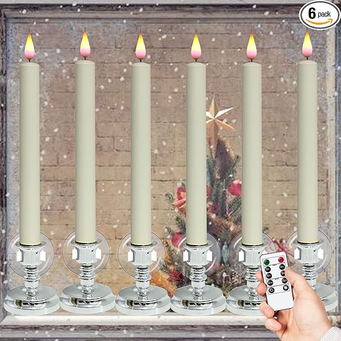 DRomance Christmas Flameless Window Taper Candles with 10-Key Remote and Timer, Battery Operated Real Flame Effect Realistic 3D Wick, 6 Pack Silver Holders and Suction Cups Included