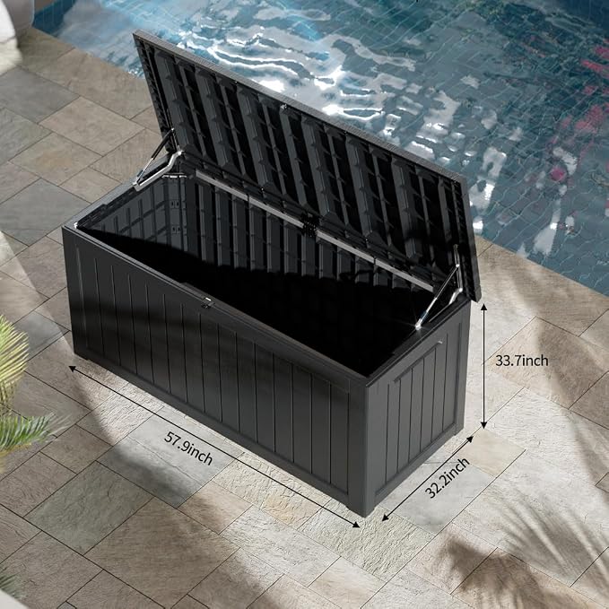 MONDAWE 230 Gallon Resin Deck Box Waterproof Outdoor Storage Box Lockable Patio Storage Container Bench Seating for Cushions Garden Tools Pool
