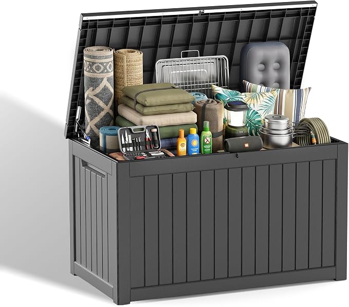 EasyUp 280 Gallon Outdoor Storage Box Waterproof, UV Resistant Resin Deck Box with Hydraulic Rod, Reinforced Stability for Patio, Garden,Striped Black