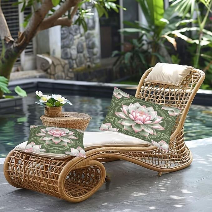Outdoor Pillows Waterproof Set of 2 Outdoor Pillow Covers 16x24 Inch, Green Throw Pillows Lotus Pillow Covers, Summer Garden Decorative Pillows Outdoor Pillows for Patio Furniture Car Home Decor -hs57