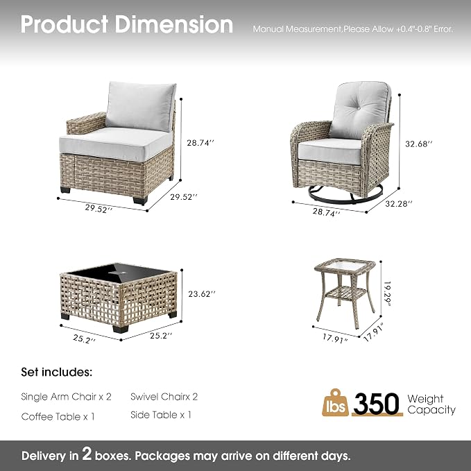 Rattan Patio Furniture Set with Swivel Chairs,6 Pieces Outdoor Sectional with Glowing Coffee Table,Out Door Furniture Conversation Set,Light Grey