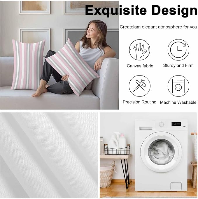 Lumbar Pillow Covers 20x12 Inch Set of 2, Pink Grey Stripe Waterproof Outdoor Pillow Covers, Minimalist Farmhouse Striped Decorative Cushion Pillowcases for Couch, Sofa, Bed, Garden, Patio