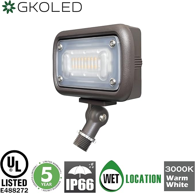 GKOLED Outdoor Security Floodlight, 15W Super Bright LED, 50W PSMH Equivalent, 1370 Lumens, 3000K Warm White, IP65 Waterproof, 120-277V, 1/2" Knuckle Mount, Compact Size, UL-Listed