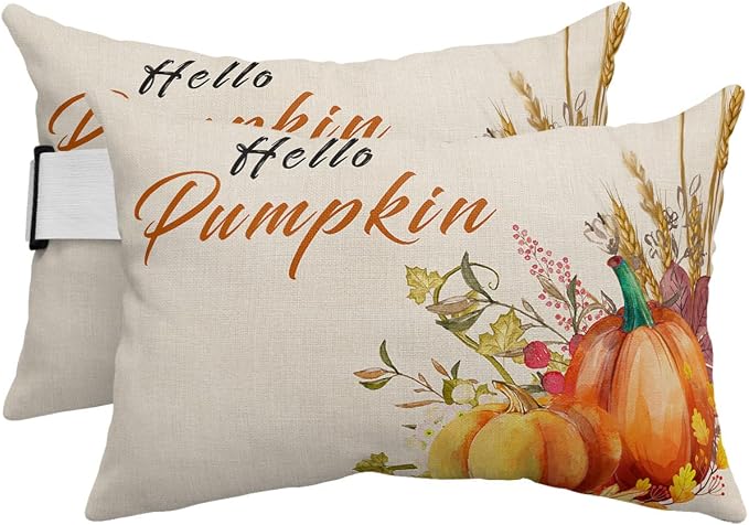 Outdoor Pillows Covers with Inserts Hello Pumpkin Fall Pumpkin and Rice Ears Waterproof Recliner Pillow with Adjustable Strap Throw Pillows for Patio Furniture Pool Lounge Chair, 11x16 inch, 2PCS