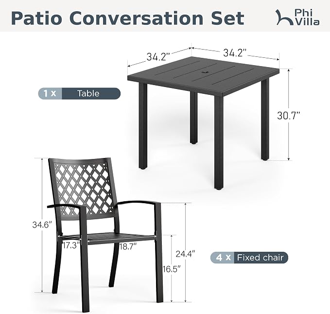 PHI VILLA, 5 Pcs Patio Dining Set, 34.2" Square Wrought Iron Table | 34.2" Metal Square Table &Stackable Wrought Iron Chairs, All Weather Outdoor Dining Set for Patio,Deck,Backyard,Porch