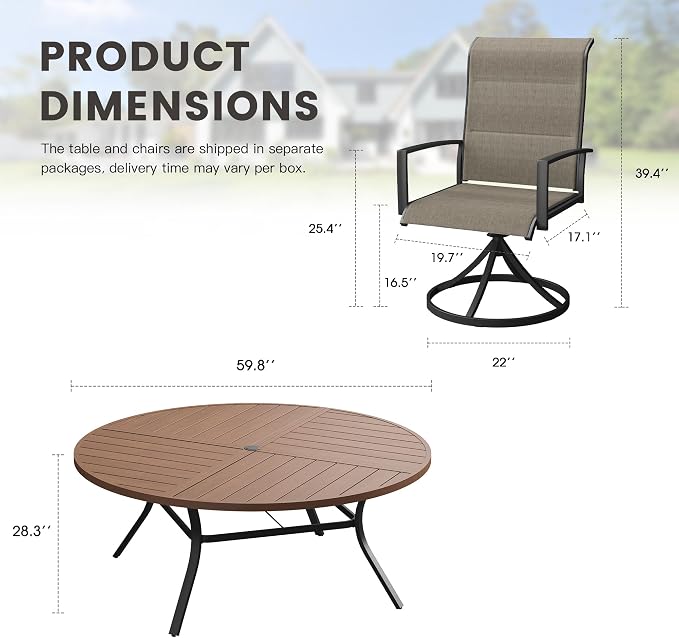 Outdoor Dining Set for 8, 60.1" Outdoor Dining Table with Umbrella Hole and Padded Textilene Patio Swivel Chairs, 9 Pieces Patio Table and Chairs Set for Garden Backyard, Mixed Brown and Walnut