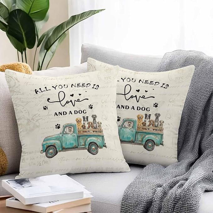 Cartoon Animal Outdoor Pillow Covers Set of 2, Vintage Teal Truck with Pet Dog Puppy Decorative Waterproof Throw Pillowcase Retro Beige Cotton Linen Soft Cozy Cushion Cover Pillowsham 20x20In