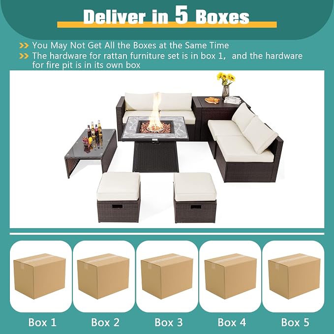 Tangkula 9 Pieces Outdoor Patio Furniture Set with 35-Inch Propane Fire Pit Table, Outdoor PE Wicker Sectional Sofa Set with Storage Box and Cushions, 50,000 BTU Gas Fire Pit Table (Off White)