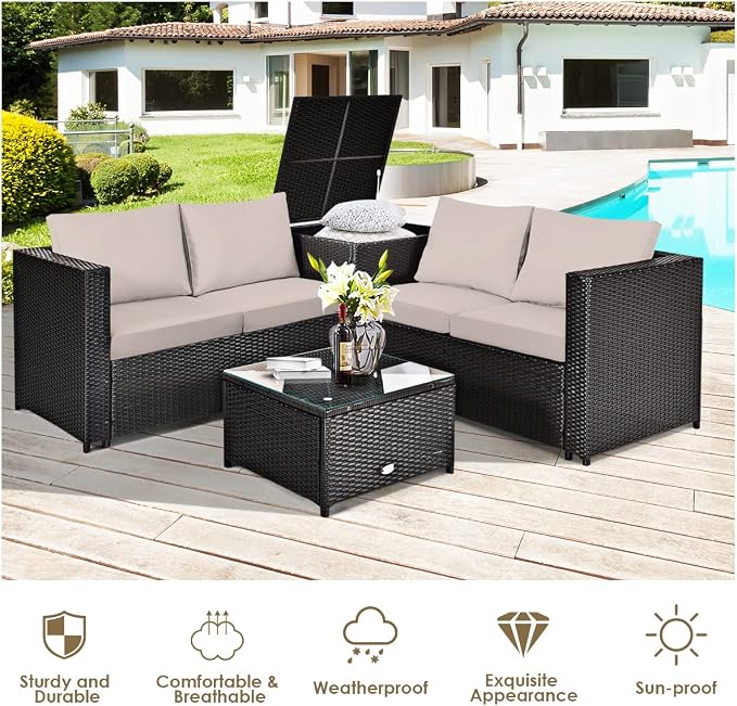 DORTALA 4 Pieces Outdoor Patio Furniture Set, Weather Resistant PE Rattan Conversation Set with 2 Loveseats, Outdoor Sectional Sofa Set with Comfy Cushions for Garden and Poolside, Brown