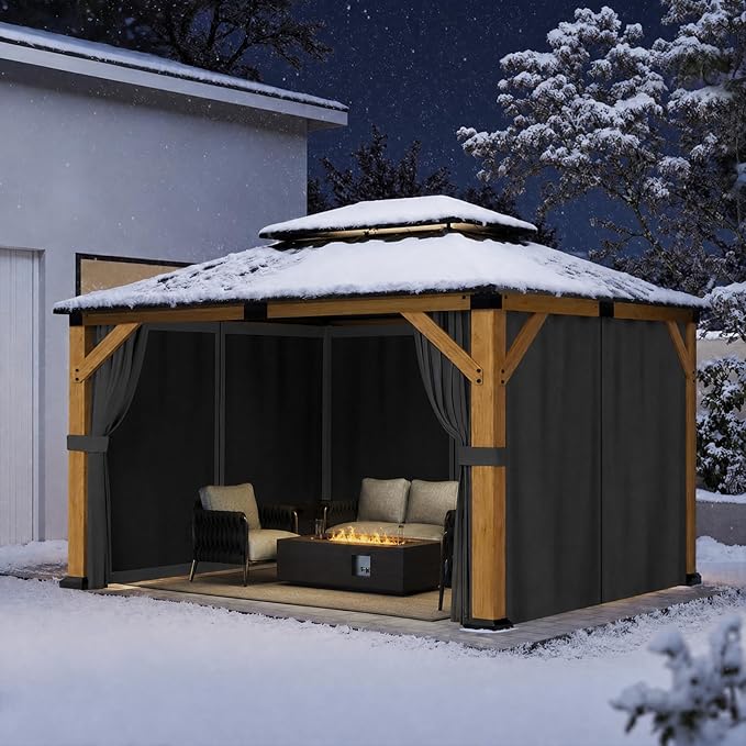 Jocoevol 10' X 12' Wood Gazebo Hardtop Outdoor Permanent Pavilion with Double Galvanized Steel Roof, Curtains and Netting, Snow Support, Wind Resistance, for Backyard Garden, Lawns, Patio