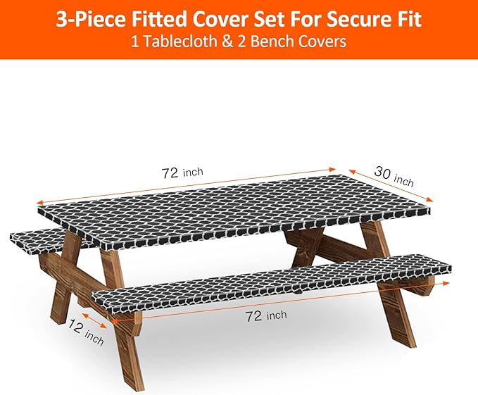 KENOBEE 6ft Picnic Table and Bench Cover, Camping Essentials RV Gear, 72 in Waterproof Windproof Outdoor Elastic All Around Tablecloth, Fitted Rectangle Tables and Seats, Black-White Moroccan