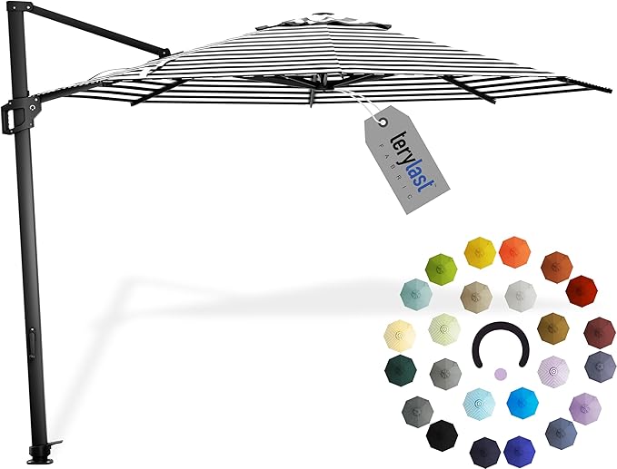Midtown Umbrellas 10 Ft Outdoor Cantilever Patio Umbrella w/Terylast Black & White Stripes - Tilt 360° Offset Patio Umbrella, Deck Patio Umbrella, Backyard Umbrella & Garden Umbrella - Black Frame