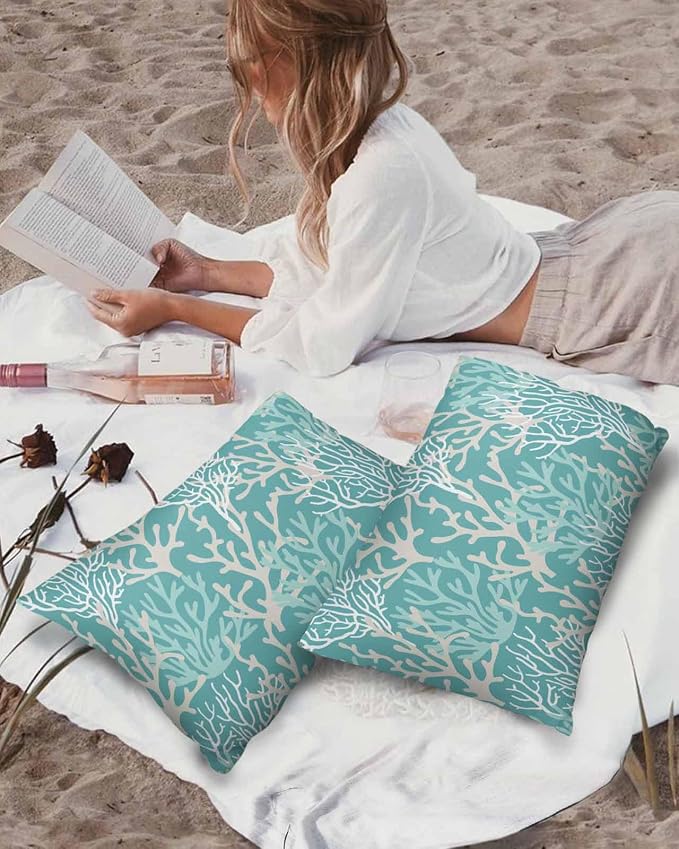 Outdoor Waterproof Throw Pillow Covers Set of 2 Turquoise Coral Lumbar Pillowcases 20x12 Inches Nautical Coastal Marine Life Patio Decorative Pillows Cushion Case Patio Pillows for Couch Bed Garden
