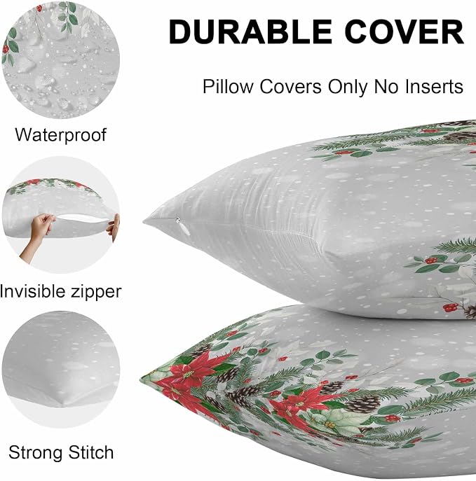 Outdoor Throw Pillow Covers, Christmas Poinsettia Flower Pine Cones Eucalyptus Leaf Winter Snowflake Gray Waterproof Pillowcases Cushion Covers Cases for Patio Couch Bench, Pack of 2 Square, 20"X20"