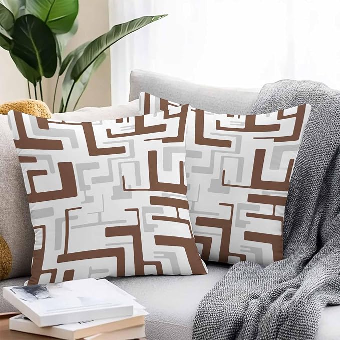 Vandarllin Outdoor Throw Pillows Covers 24x24 inch Set of 2 Waterproof Brown Geometric Stripes Decorative Zippered Cushion Covers for Patio Furniture, Modern Abstract Lines Lumbar Pillowcases