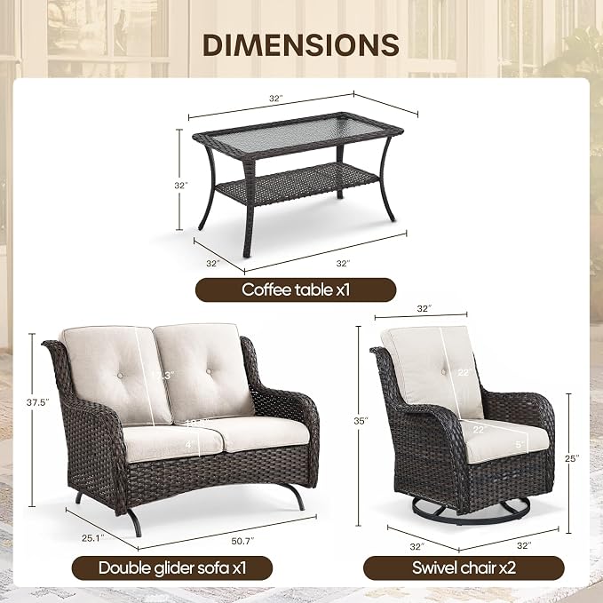 Patio Loveseat Glider Set, Resin Wicker Loveseat Glider with 4 Swivel Patio Chiars Coffee Table, 6 Piece Patio Conversation Set PE Rattan Loveseat Set, Brown Wicker|Beige Cushions