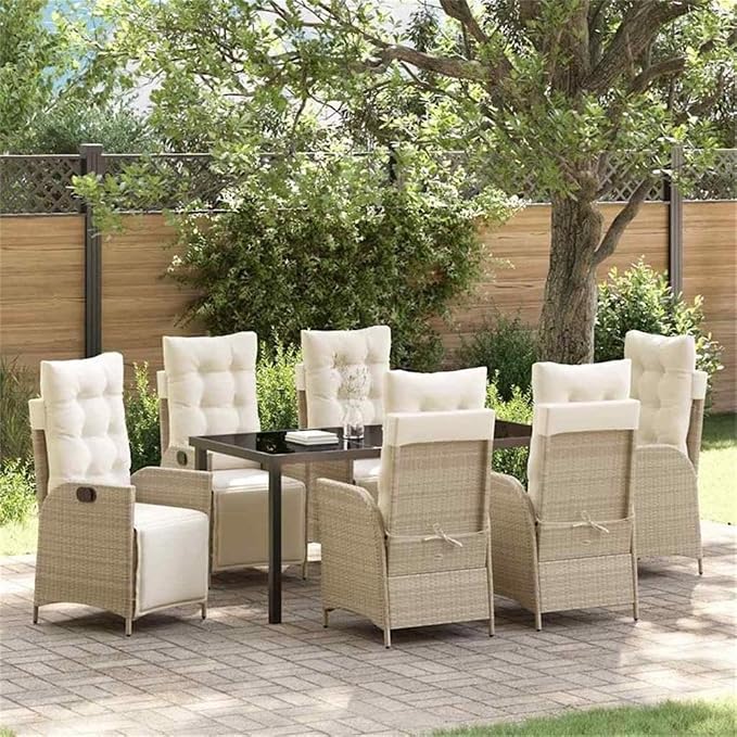 Afuera Living 7 Piece Poly Rattan Patio Dining Set, Cushions in Beige, Rectangular Table with Tempered Glass Top, Adjustable Footrests, Steel Frame, Seating for 6, Outdoor Garden or Backyard Dining