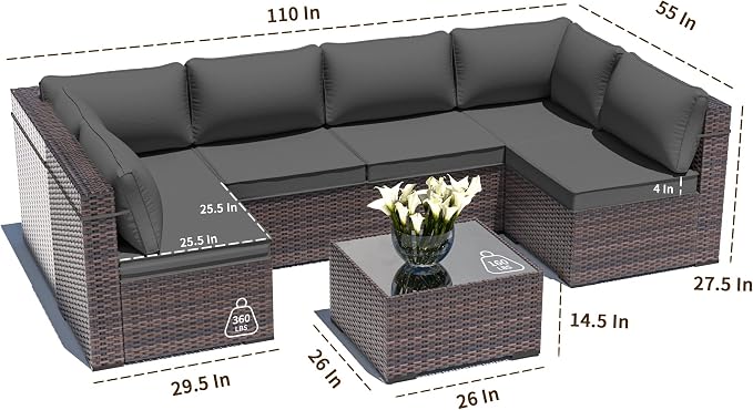 Outdoor Patio Furniture Set, 7 Pieces Outdoor Sectional Furniture Patio Sofa, All-Weather PE Rattan Patio Conversation Set with Tempered Glass Top Table & Cushions(Grey).