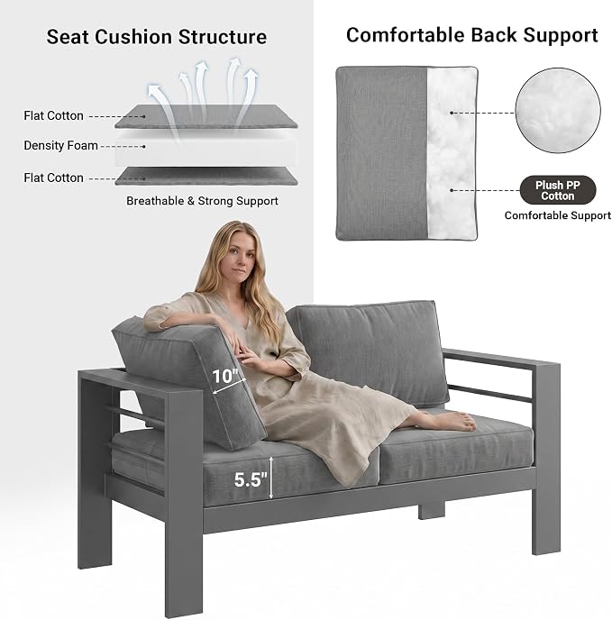 Solaste Aluminum Outdoor Patio Furniture Set, 7 Seats Patio Sectional Sofa with 5" Thick Cushion, Outdoor Patio Set with Coffee Table for Porch, Backyard, Deck, Yard, Grey