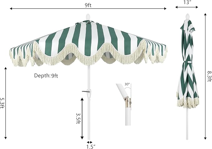 Eyely BMU1001 Halden 9 ft. Classic Cottage Tassel Market Patio Umbrella with Auto-Tilt, Crank