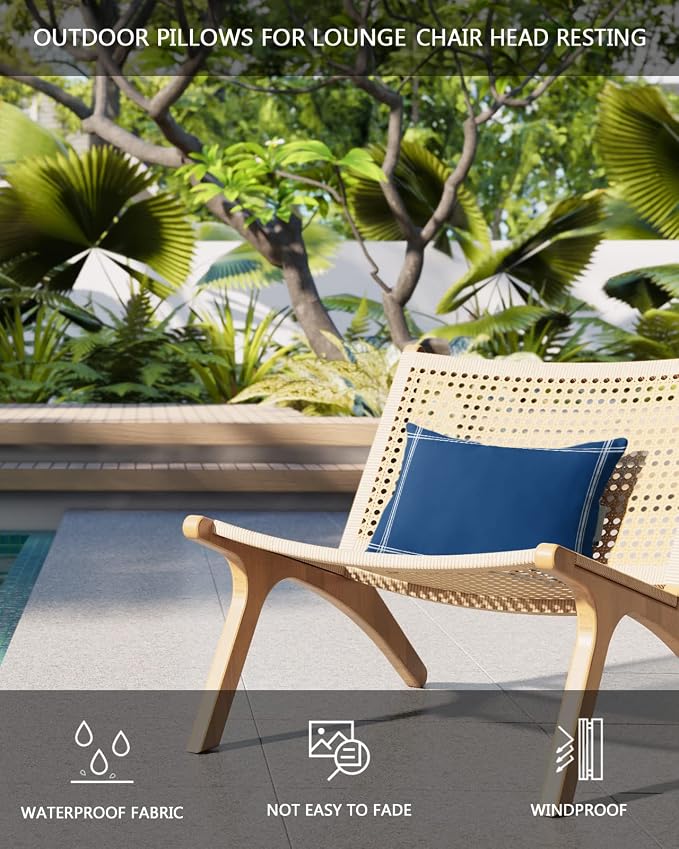 T&H XHome Outdoor Pillow for Chaise Lounge Chair, Solid Color Navy Blue Waterproof Headrest Pillow Lumbar Pillows with Insert & Adjustable Elastic Strap for Beach, Poolside, Patio, Office (1 Pack)