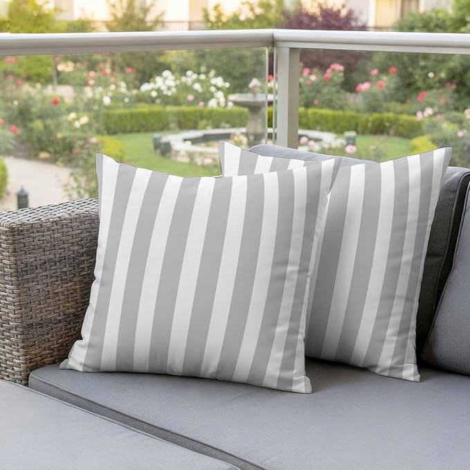 Grey Striped Outdoor Waterproof Throw Pillow Covers 16x16 Set of 2, Modern Farmhouse Gray White Stripes Decorative Pillowcases Cushion Pillowcase for Couch Sofa Patio Outside Pillow Protector