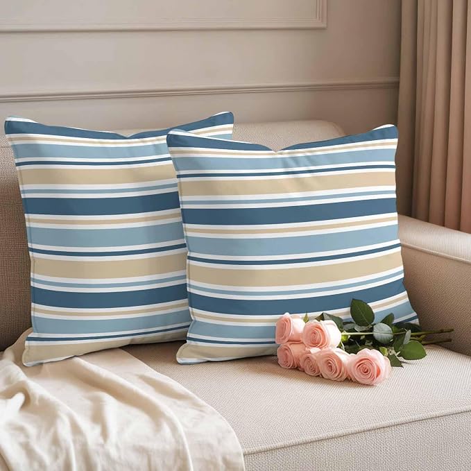 Khaki Blue Striped Outdoor Pillow Cover 16x16 Inch Cushion Sham Case, Farmhouse Stripes Modern Abstract Art Waterproof Decorative Square Throw Pillowcase for Outside Garden Patio Porch Couch Chair