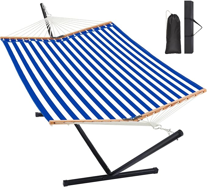 Homgava Two Person Hammock with Stand for Outside Heavy Duty, Outdoor Patio Hammock with Portable Steel Stand, Large Double Hammocks with Quick Dry Textilene Fabric,480lbs Capacity.(Blue White)