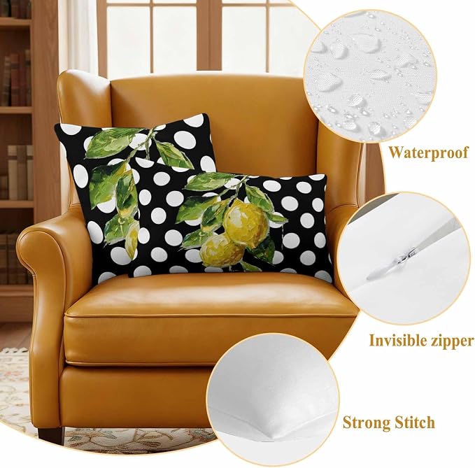 Waterproof Pillow Covers Set of 2,Farmhouse Yellow Lemon Green Leaf Outdoor Pillow Protectors with Zipper Pillowcases for Patio Tent Garden Beach 18x18 Inches Black White Polka Dot