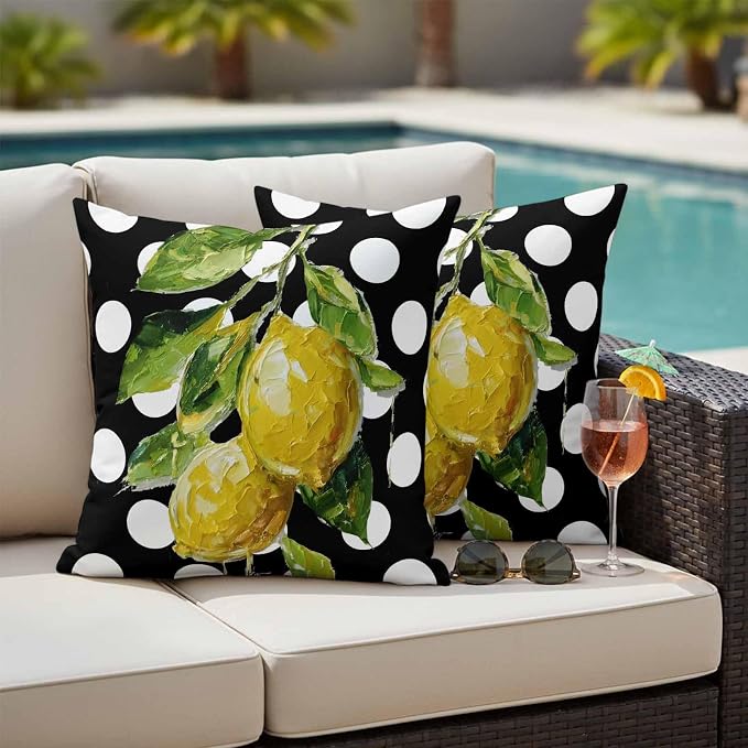 Waterproof Pillow Covers Set of 2,Farmhouse Yellow Lemon Green Leaf Outdoor Pillow Protectors with Zipper Pillowcases for Patio Tent Garden Beach 18x18 Inches Black White Polka Dot