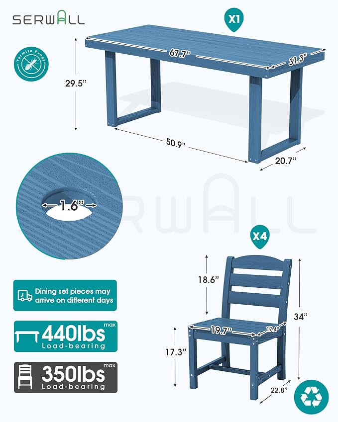 SERWALL HDPE Outdoor Dining Set for 4, 67'' Patio Table and Chairs Set | with Armless Seat