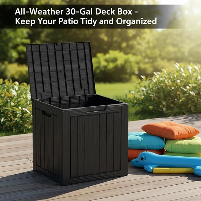 30 Gallon Resin Deck Box with Lockable Lid - Outdoor Waterproof Storage for Patio Furniture, Garden Tools, Cushions & Pool Accessories, Wood Grain Design, All-Weather Durable (Black, 1 Pack)