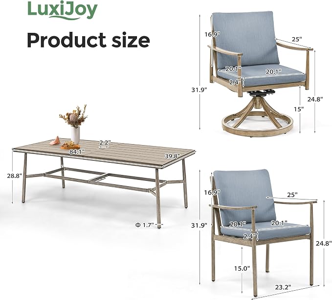 9-Piece Outdoor Dining Set for 8, Aluminum Dining Set with Cushions, 6 Dining Chairs and 2 Swivel Chairs with Rope Backrest,Large Rectangular Table with Umbrella Hole for Lawn Porch Yard,Brown