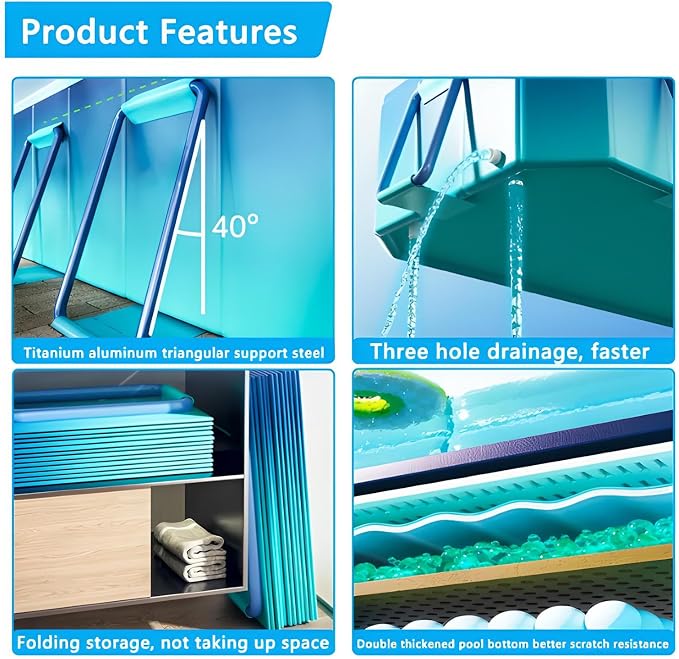 Jessie Foldable Pool for Kids and Adults Non InflatableFrame Outdoor Swimming Pool Blue Kiddie Pools Thickened Support Dog Above Ground Garden Backyard (118.11 in)