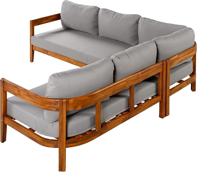 Outdoor Patio Conversation Furniture Set, Acacia Solid Wood Patio Furniture Set with 6 Soft Seat Cushions and Backpack, L-Shaped Outdoor Corner Sofa with Arc Frame for Backyard, Garden (Gray/16)