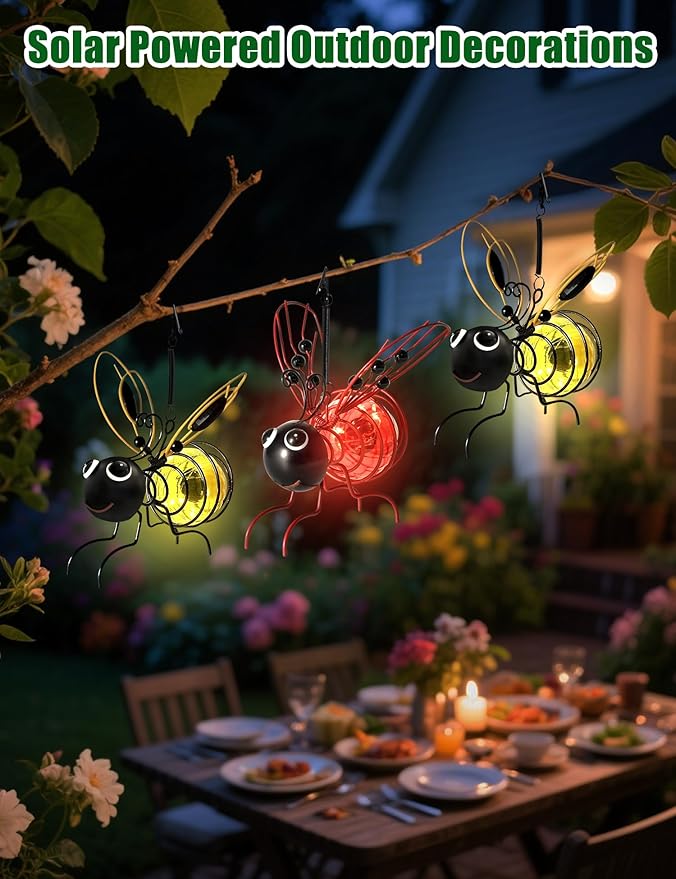 Solar Bees Lights Outdoor, 2026 New Hanging Bee Solar Garden Lights,IP44 Waterproof,Outdoor Statues Figurine Light Decorations for Balcony,Garden,Porch,Courtyard Decoration (1Pcs)