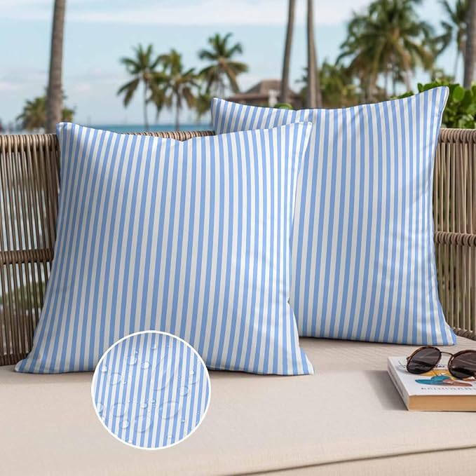 Throw Pillow Covers 16x16 Inch Set of 2, Blue White Stripe Waterproof Outdoor Cushion Covers, Modern Minimalist Geometric Striped Decorative Pillowcases for Couch, Sofa, Bed, Garden, Patio