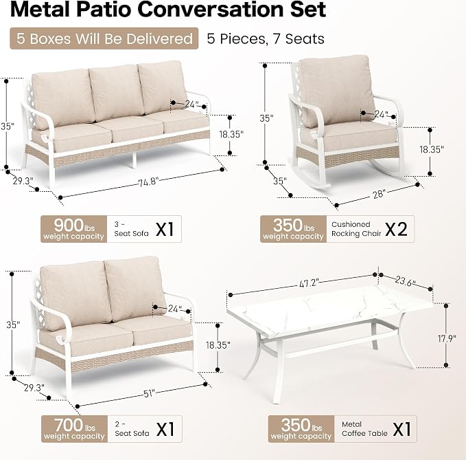 SUNSHINE VALLEY 6 PCS Metal Outdoor Patio Furniture Set, Patio Conversations Sets 3-Seater Sofa, 2-Seater Sofa, 2 Rocking Chair with 5.75" Thick Cushion & Coffee Table White Backyard Furniture, Beige