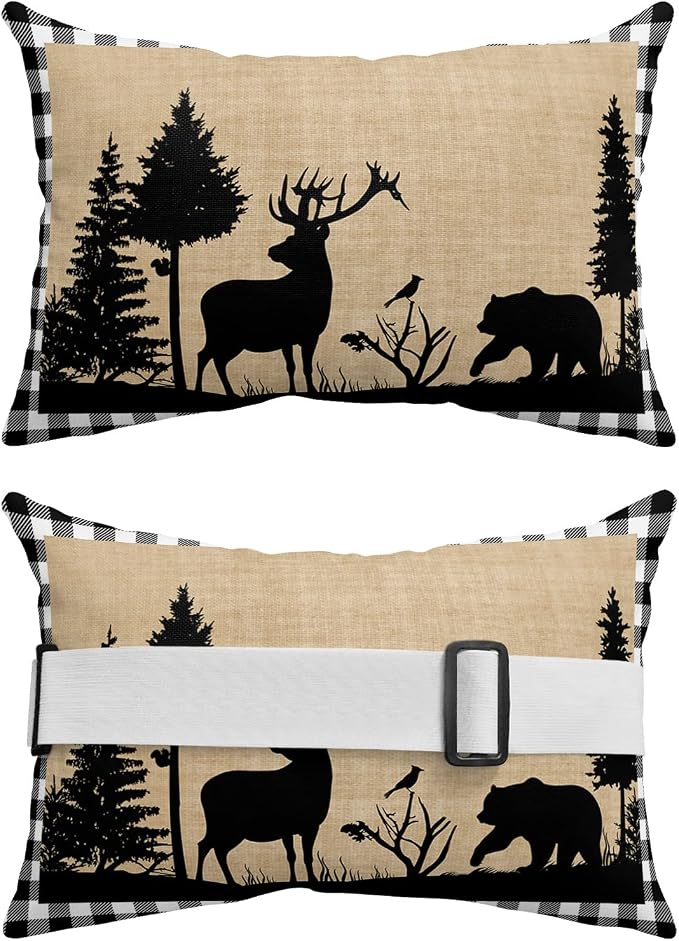 Outdoor Pillows Covers with Inserts Christmas Animal Moose Elk Xmas Tree Waterproof Recliner Pillow with Adjustable Strap Throw Pillows for Patio Furniture Pool Lounge Chair, 12x20 inch, 2PCS