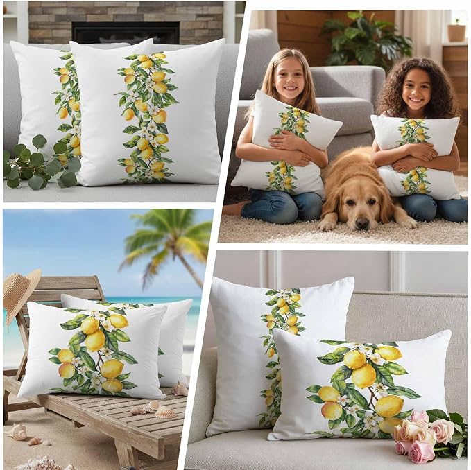 Yellow Lemon Waterproof Outdoor Pillow Covers Set of 2 Home Decor, Simple Spring Botanical Fruit Leaves Flower Pillowcase Patio Pillow Covers for Couch Bench Furniture Garden 20x20in