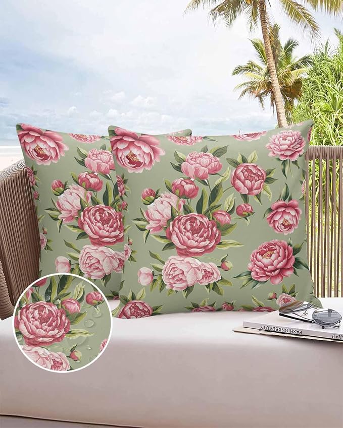 Vandarllin Outdoor Throw Pillows Covers 20x20 inch Set of 2 Waterproof Pink Rose Floral Decorative Zippered Cushion Covers for Patio Furniture, Sage Green Leaves Flowers Lumbar Pillowcases