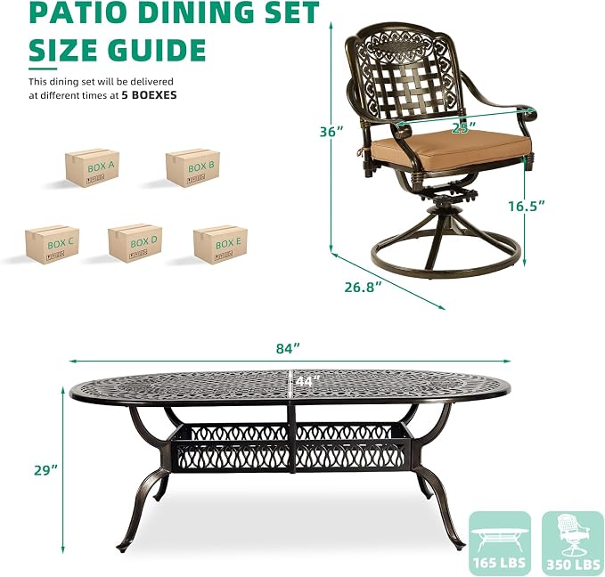 VIVIJASON 9-Piece Outdoor Patio Furniture Dining Set, All-Weather Cast Aluminum Conversation Set, Include 8 Swivel Dining Chairs and an Oval Table with Umbrella Hole for Lawn Garden Backyard