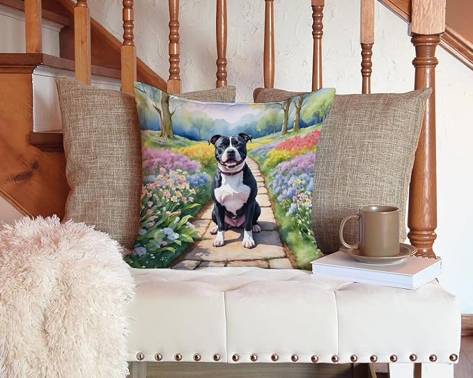 Caroline's Treasures Staffordshire Bull Terrier Spring Path Throw Pillow Machine Washable, Indoor Outdoor Decorative Pillow for Couch, Bed or Patio, 14Hx14W